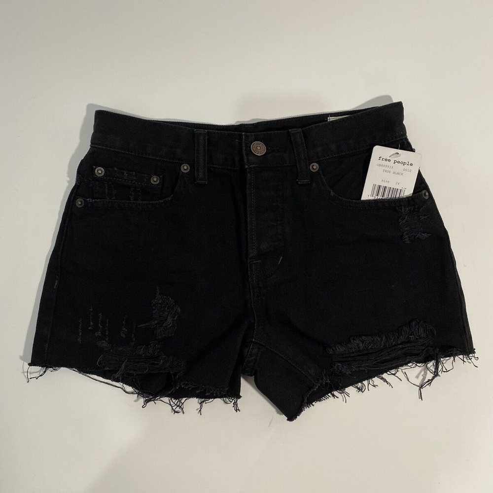 Free People True Black Distressed Jean Cut-Off Denim Shorts Size 24 Women’s